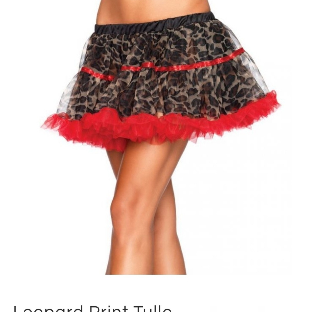 Leg Avenue Shimmery Leopard Mini Skirt Petticoat Red Tulle Tutu Costume Cosplay - Picture 2 of 6